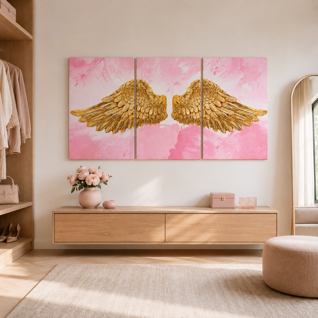 Tríptico Alas Doradas ambientado en vestidor elegante