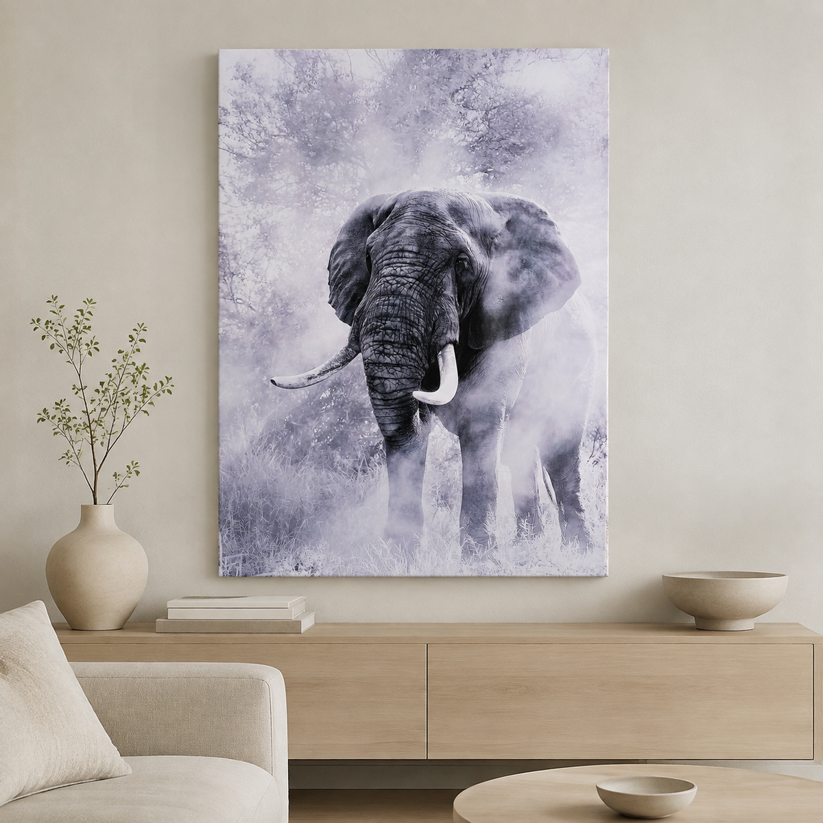 Elefante en Bruma ambientado en una sala neutra