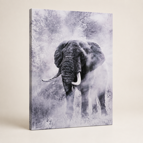 Elefante en Bruma, cuadro canvas vertical presentado en estudio